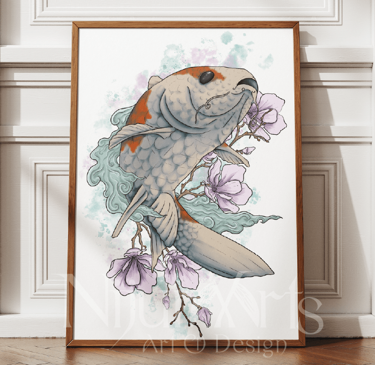 Japanischer Koi mit Magnolien und Wellen auf Aquarell-Hintergrund