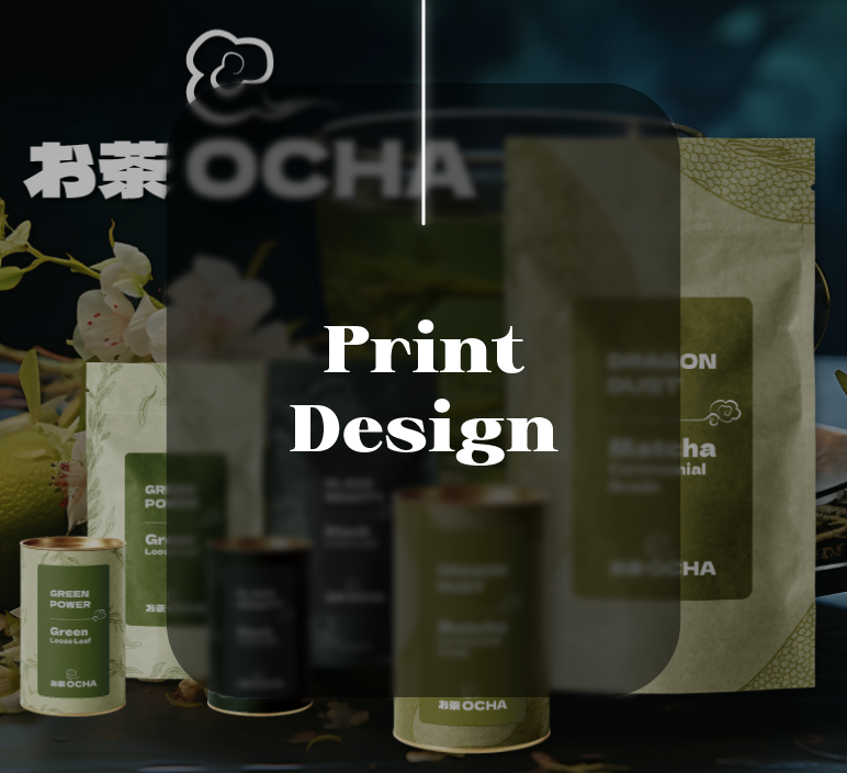 Auflistung verschiedener Print-Design-Projekte: darunter ein Honigglas. ein Etikettendesign, ein Weinflaschen Etikett-design.